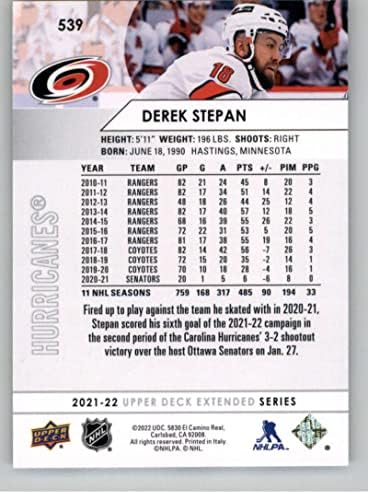 2021-22 Gornja paluba Proširena 539 Derek Stepan Carolina Hurricanes NHL hokejaška trgovačka kartica