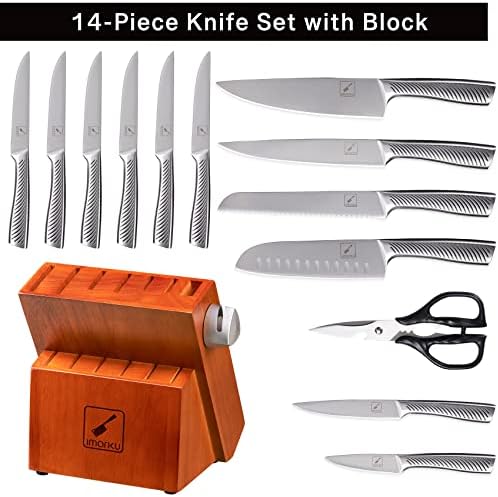 Imarku 6-dijelni set noža za odreske i Set kuhinjskih noža od 14 komada sa ugrađenim Oštrilom, 5cr15mov njemački inox Premium nazubljeni