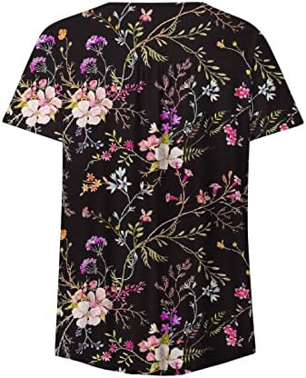 Kratke rukave za žene tunike Henley V izrez Casual bluza sa dugmetom majice Trendy Floral Print Tee Shirt