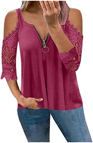 Ljetni tunički vrhovi za žene hladno rame Zip V izrez T majica čipka u šupljim rukavima bluze modne majice