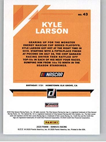 2020 Donruss Racing 43 Kyle Larson Kredit Jedna banka / Chip Ganassi Racing / Chevrolet Službena trgovačka kartica Nascar