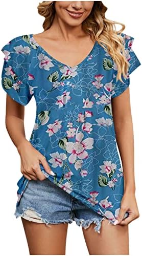 Ljetna pamučna majica TEEN Girls Ruffle s kratkim rukavima duboki V izrez cvjetni grafički gornji majica za žene E2 E2