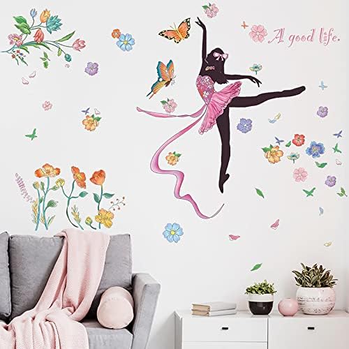 Zidne naljepnice za baletne djevojke, zidna naljepnica sa vilinskim cvijećem, ružičasti Zidni zidni Mural, leptir zidni dekor, uklonjiva